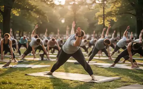 Eine Gruppe von Menschen praktiziert Yoga auf Matten in einem sonnigen Karlsruher Stadtpark. - Foto: über boerse-global.de