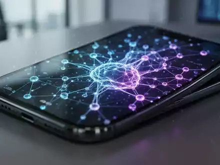 Nahaufnahme eines Smartphone-Bildschirms mit leuchtender, abstrakter KI-Oberfläche in professionellem Umfeld. - Foto: über boerse-global.de