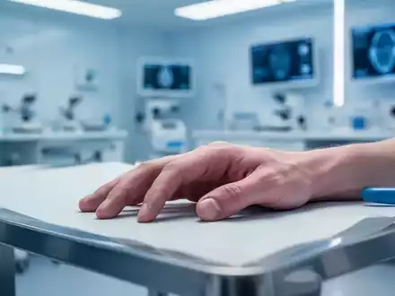 Nahaufnahme einer Hand in einem modernen medizinischen Untersuchungsraum, symbolisch für rheumatologische Forschung. - Foto: über boerse-global.de