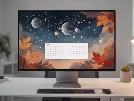 Moderner Arbeitsplatz mit einem hochauflösenden Monitor, der ein ästhetisches Kalender-Wallpaper für August anzeigt. - Foto: über boerse-global.de