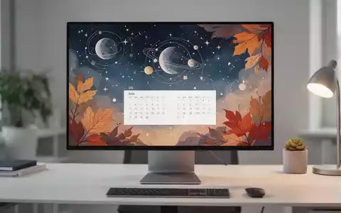 Moderner Arbeitsplatz mit einem hochauflösenden Monitor, der ein ästhetisches Kalender-Wallpaper für August anzeigt. - Foto: über boerse-global.de