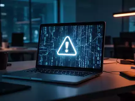 Ein beleuchteter Laptop-Bildschirm zeigt abstrakte Binärcodes und ein Warnsymbol in einer modernen Büroumgebung. - Foto: über boerse-global.de