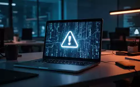 Ein beleuchteter Laptop-Bildschirm zeigt abstrakte Binärcodes und ein Warnsymbol in einer modernen Büroumgebung. - Foto: über boerse-global.de