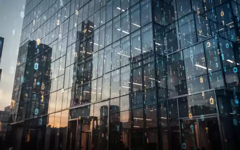 Abstrakte digitale Matrix auf einem modernen Bürogebäude als Symbol für die EU-KI-Verordnung. - Foto: über boerse-global.de