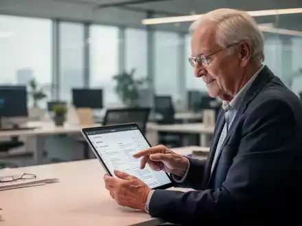 Ein älterer Mensch arbeitet an einem modernen Schreibtisch mit einem Tablet, symbolisch für die Aktivrente. - Foto: über boerse-global.de