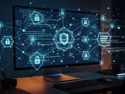 Digitale Netzwerkknoten, die Blockchain-Technologie darstellen, verbunden mit einem Computerbildschirm in einem professionellen Büro. - Foto: über boerse-global.de