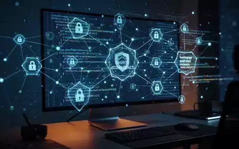 Digitale Netzwerkknoten, die Blockchain-Technologie darstellen, verbunden mit einem Computerbildschirm in einem professionellen Büro. - Foto: über boerse-global.de