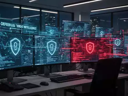 Ein schwach beleuchtetes Cyber-Sicherheitsoperationszentrum mit digitalen Datenströmen auf mehreren Monitoren, die Cyber-Bedrohungen darstellen. - Foto: über boerse-global.de