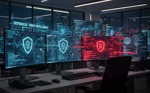 Ein schwach beleuchtetes Cyber-Sicherheitsoperationszentrum mit digitalen Datenströmen auf mehreren Monitoren, die Cyber-Bedrohungen darstellen. - Foto: über boerse-global.de