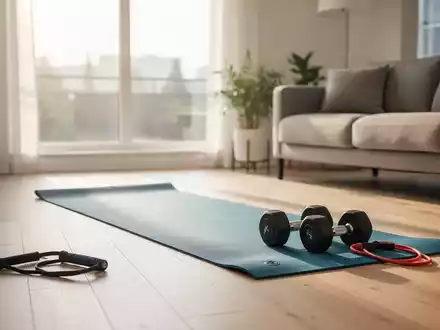 Ein heller, moderner Wohnraum mit einer Yoga-Matte und Fitness-Equipment für ein Training zu Hause. - Foto: über boerse-global.de
