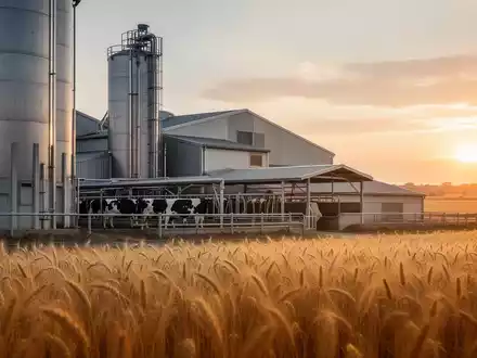 Moderne Milchviehanlage und angrenzende Getreidefelder bei Sonnenuntergang als Symbol für die industrielle Landwirtschaft. - Foto: über boerse-global.de