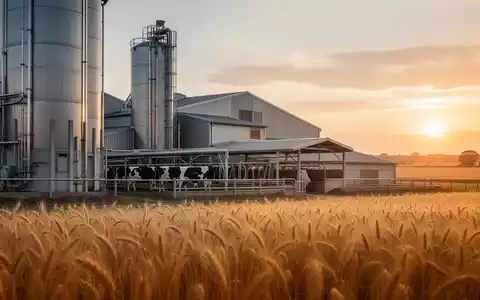 Moderne Milchviehanlage und angrenzende Getreidefelder bei Sonnenuntergang als Symbol für die industrielle Landwirtschaft. - Foto: über boerse-global.de