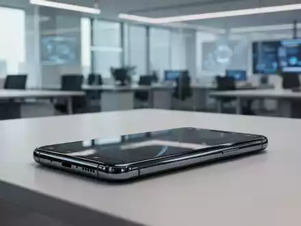 Ein modernes Smartphone liegt auf einem minimalistischen Schreibtisch in einer hellen, professionellen Büroumgebung. - Foto: über boerse-global.de