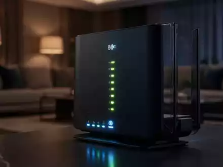 Moderner Heimrouter mit leuchtenden LED-Statusanzeigen in einer eleganten, abgedunkelten Wohnumgebung. - Foto: über boerse-global.de