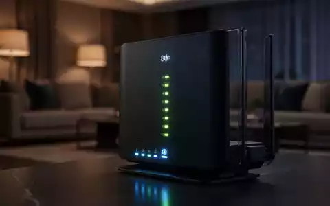 Moderner Heimrouter mit leuchtenden LED-Statusanzeigen in einer eleganten, abgedunkelten Wohnumgebung. - Foto: über boerse-global.de