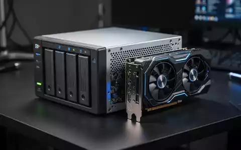 Ein modifizierter NAS-Server mit einer externen Grafikkarte auf einem Technik-Arbeitstisch. - Foto: über boerse-global.de