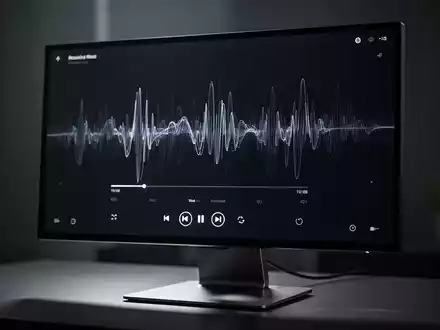 Ein dunkler Medienplayer auf einem Computerbildschirm mit stilisierten Wiedergabesteuerungen und Wellenformen. - Foto: über boerse-global.de