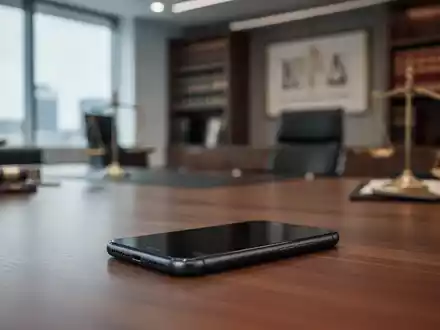 Ein Smartphone auf einem Schreibtisch in einem Anwaltsbüro, das die rechtliche Thematik von Messenger-Nachrichten symbolisiert. - Foto: über boerse-global.de