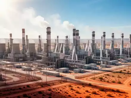Großes industrielles Gaskraftwerk mit Turbinen in einer texanischen Wüstenlandschaft. - Foto: über boerse-global.de