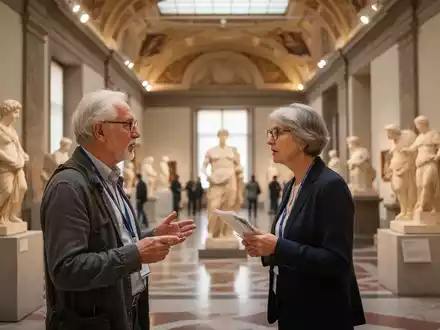 Eine ältere Person betrachtet in einem hellen, modernen Museum in Florenz eine Skulptur im Rahmen eines Betreuungsprogramms. - Foto: über boerse-global.de