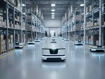 Autonomous mobile robots navigating a modern, automated warehouse floor to improve logistics productivity. - Foto: über boerse-global.de