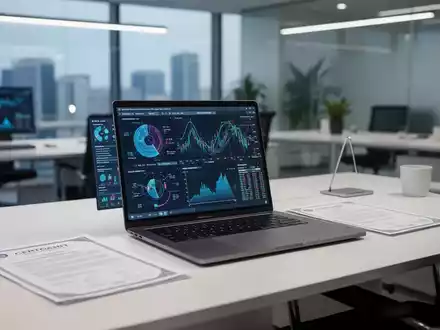 Moderner IT-Arbeitsplatz mit Laptop, Datenvisualisierung und Zertifizierungsunterlagen zur beruflichen Qualifizierung. - Foto: über boerse-global.de
