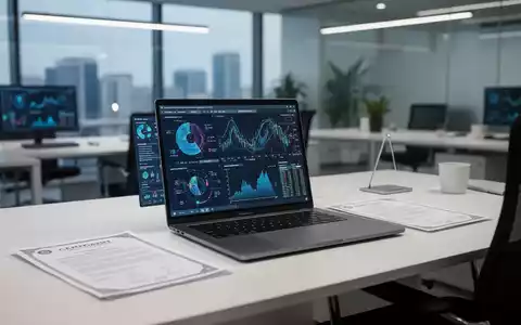 Moderner IT-Arbeitsplatz mit Laptop, Datenvisualisierung und Zertifizierungsunterlagen zur beruflichen Qualifizierung. - Foto: über boerse-global.de