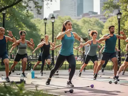 Eine Gruppe von Menschen bei einer Fitnessstunde im Freien in einem städtischen Park an einem sonnigen Sommertag. - Foto: über boerse-global.de