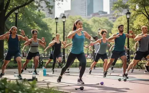 Eine Gruppe von Menschen bei einer Fitnessstunde im Freien in einem städtischen Park an einem sonnigen Sommertag. - Foto: über boerse-global.de