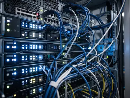 Moderne Server-Infrastruktur in einem Rechenzentrum mit leuchtenden LED-Anzeigen an Serverschränken. - Foto: über boerse-global.de