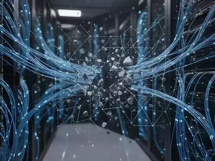 Digitale Datenfragmente brechen aus einem abstraktem Gittermuster in einem Serverraum aus. - Foto: über boerse-global.de
