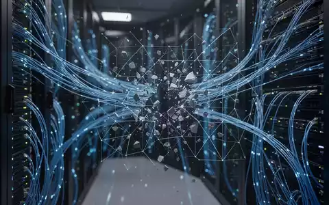 Digitale Datenfragmente brechen aus einem abstraktem Gittermuster in einem Serverraum aus. - Foto: über boerse-global.de