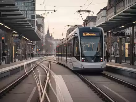 Eine moderne Straßenbahn an einer Haltestelle in einer deutschen Stadt bei Tagesanbruch. - Foto: über boerse-global.de