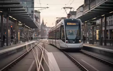 Eine moderne Straßenbahn an einer Haltestelle in einer deutschen Stadt bei Tagesanbruch. - Foto: über boerse-global.de