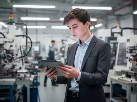 Ein junger Mensch in moderner Arbeitsumgebung betrachtet konzentriert ein Tablet in einer Werkstatt. - Foto: über boerse-global.de