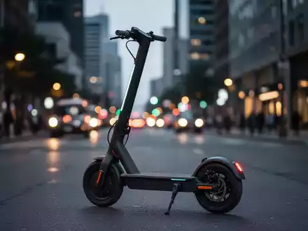 Ein moderner E-Scooter auf einem städtischen Gehweg vor unscharfer Kulisse bei Dämmerung. - Foto: über boerse-global.de