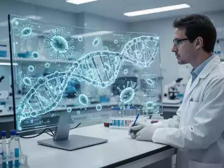 Wissenschaftler in einem Labor betrachtet eine digitale 3D-Projektion von DNA-Strukturen auf einem Monitor. - Foto: über boerse-global.de