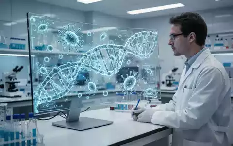 Wissenschaftler in einem Labor betrachtet eine digitale 3D-Projektion von DNA-Strukturen auf einem Monitor. - Foto: über boerse-global.de