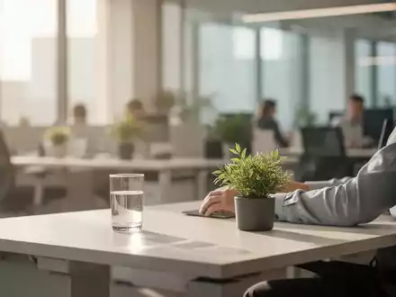 Ein heller, moderner Büroarbeitsplatz mit einer Pflanze und einem Glas Wasser als Symbol für betriebliche Gesundheitsförderung. - Foto: über boerse-global.de