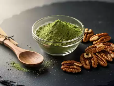 Eine Schale mit Matcha-Pulver, ein Holzlöffel und Pekannüsse auf einem dunklen Untergrund. - Foto: über boerse-global.de