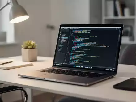 Moderner Arbeitsplatz mit Laptop und Programmiercode zur digitalen Prüfungsvorbereitung für IT-Berufe. - Foto: über boerse-global.de