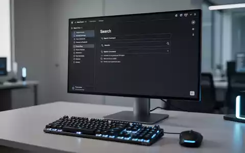 Moderner Arbeitsplatz mit Computermonitor, der eine übersichtliche Software-Suchoberfläche auf einem Schreibtisch zeigt. - Foto: über boerse-global.de
