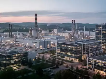 Moderne Industrielandschaft in Baden-Württemberg mit Büro- und Fertigungsgebäuden bei Dämmerung. - Foto: über boerse-global.de