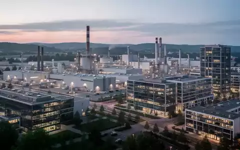 Moderne Industrielandschaft in Baden-Württemberg mit Büro- und Fertigungsgebäuden bei Dämmerung. - Foto: über boerse-global.de