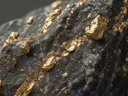 Nahaufnahme von goldhaltigem Gestein mit sichtbaren Goldadern in einem Quarzbrocken - Foto: über boerse-global.de