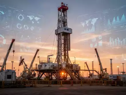 Industrielle Bohranlage bei Sonnenuntergang mit digitaler Datenvisualisierung für die Rohstoffexploration - Foto: über boerse-global.de