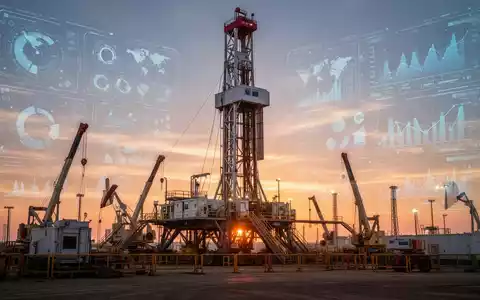 Industrielle Bohranlage bei Sonnenuntergang mit digitaler Datenvisualisierung für die Rohstoffexploration - Foto: über boerse-global.de