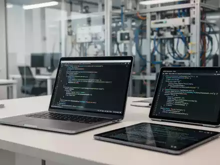 Moderner Arbeitsplatz mit Laptop und digitalem Code-Display zur Darstellung von IT-Qualifizierung. - Foto: über boerse-global.de