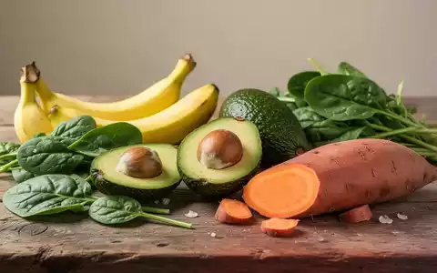 Frische, kaliumreiche Lebensmittel wie Bananen, Avocados und Spinat auf einem Holztisch als Symbol für gesunde Ernährung. - Foto: über boerse-global.de