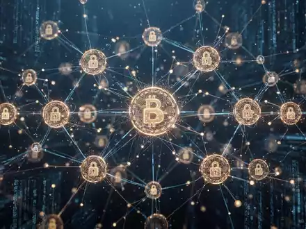 Abstrakte Visualisierung eines Blockchain-Netzwerks mit digitalen Knotenpunkten. - Foto: über boerse-global.de